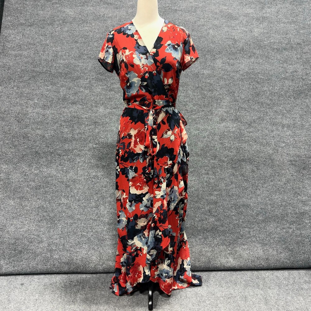 Just Taylor Dress Womens 4 Red Floral Wrap Belted Ruffle Maxi Short Sleeve